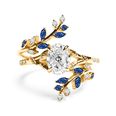 "Azurea Crown" – Oval Cut Diamond & Blue Sapphire Sterling Silver Engagement Ring