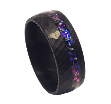 "Messenger" Meteorite and Sandstone Inlay Hammered Damascus Steel Ring