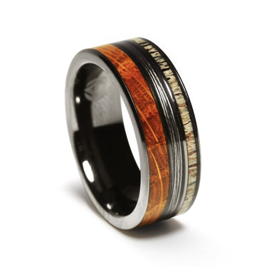 "Timberline" Deer Antler, Fishing Line & Whiskey Barrel Wood Wedding Band, Rustic Men's Ring