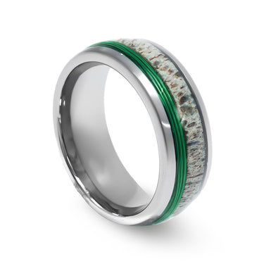 "Angler" Deer Antler Green Fishing Line Dome Polished Tungsten Carbide Ring