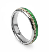"Nature's Chic" Deer Antler, Green Fishing Line Inlay, Tungsten Carbide, Silver, Dome Polished-4mm