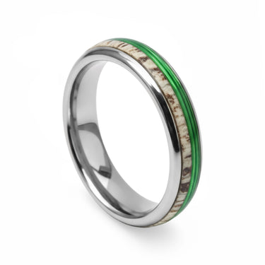 "Nature's Chic" Deer Antler, Green Fishing Line Inlay, Tungsten Carbide, Silver, Dome Polished-4mm