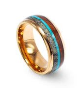 "Buck" Deer Antler Koa Wood Turquoise Dome Polished Rose Gold Tungsten Carbide Ring 8mm