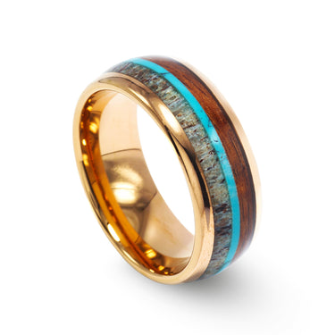 "Buck" Deer Antler Koa Wood Turquoise Dome Polished Rose Gold Tungsten Carbide Ring 8mm