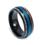 "Bass Master" Deer Antler, Whiskey Barrel Wood, and Fishing Line Inlay, Black Tungsten Carbide, Men's Wedding Ring, Dome Design, 8mm