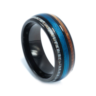 "Bass Master" Deer Antler, Whiskey Barrel Wood, and Fishing Line Inlay, Black Tungsten Carbide, Men's Wedding Ring, Dome Design, 8mm