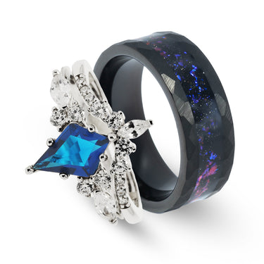 "Celestial Sapphire Bond"  June Birthstone Couples Engagement Ring Set and Anniversary Wedding Bands