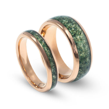 "Gaia Bond" Ring Set – Green Moss Agate His and Hers Rose Gold Wedding Bands for Couples