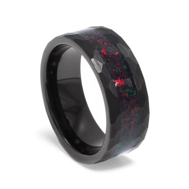 "Dragon Rider" Fire Opal, Hammered Tungsten Carbide,  Men's Wedding Ring, 8mm