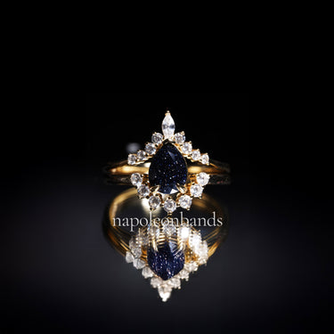 "Stellar Tear" – Galaxy Blue Sandstone Pear Cut Engagement Ring wit Diamond Accent in Yellow Gold Vermeil