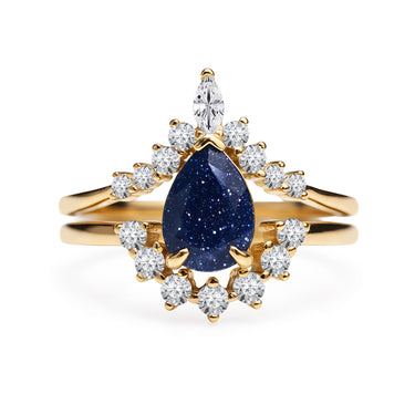 "Stellar Tear" – Galaxy Blue Sandstone Pear Cut Engagement Ring wit Diamond Accent in Yellow Gold Vermeil
