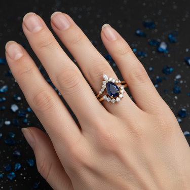 "Stellar Tear" – Galaxy Blue Sandstone Pear Cut Engagement Ring wit Diamond Accent in Yellow Gold Vermeil