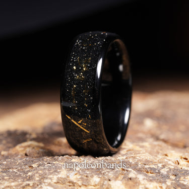 "Stell Flakes" – Galaxy-Inspired Sandstone & Gold Flakes with Black Dome Tungsten Wedding Band -8mm