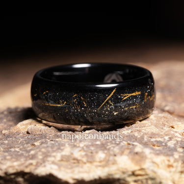 "Stell Flakes" – Galaxy-Inspired Sandstone & Gold Flakes with Black Dome Tungsten Wedding Band -8mm