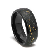 "Stell Flakes" – Galaxy-Inspired Sandstone & Gold Flakes with Black Dome Tungsten Wedding Band -8mm