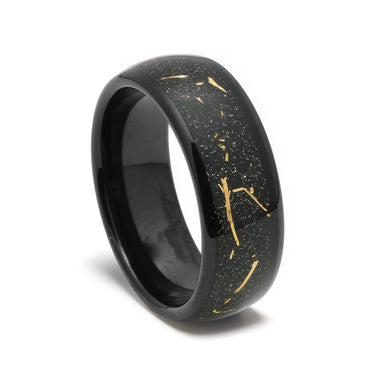 "Stell Flakes" – Galaxy-Inspired Sandstone & Gold Flakes with Black Dome Tungsten Wedding Band -8mm