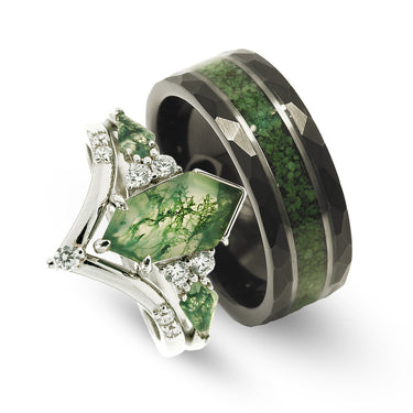 "Gilded Moss Glow" Moss Coffin Kite Ring Set – 925 Silver His and Hers Wedding Bands, Nature-Inspired Couples Rings