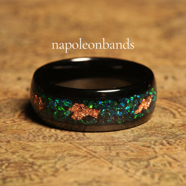 "Verdant Tide" Black Tungsten Wedding Band with Crushed Green and Blue Opal Inlay and Gold Accents