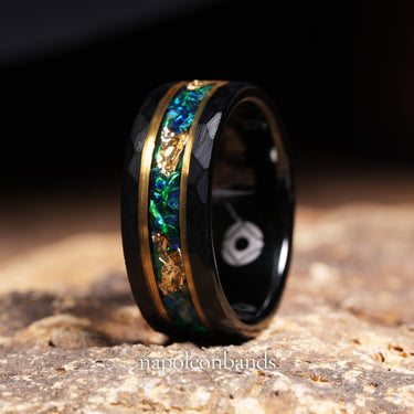 "Hammer of Eden" – Green Fire Opal & Gold Leaf  Inlay Black Hammered Tungsten Wedding Band – 8mm