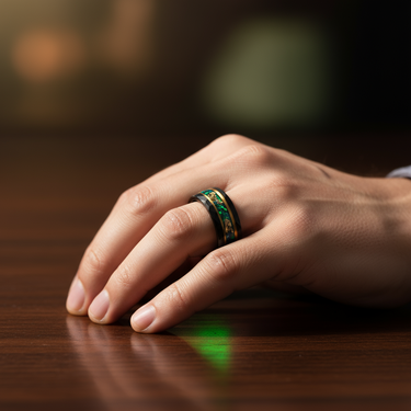 "Hammer of Eden" – Green Fire Opal & Gold Leaf  Inlay Black Hammered Tungsten Wedding Band – 8mm