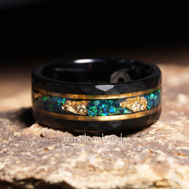 "Hammer of Eden" – Green Fire Opal & Gold Leaf  Inlay Black Hammered Tungsten Wedding Band – 8mm