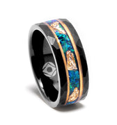 "Hammer of Eden" – Green Fire Opal & Gold Leaf  Inlay Black Hammered Tungsten Wedding Band – 8mm