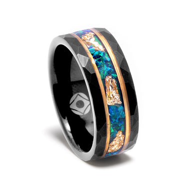 "Hammer of Eden" – Green Fire Opal & Gold Leaf  Inlay Black Hammered Tungsten Wedding Band – 8mm