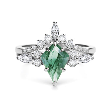 "Verdant Prism" – Kite Cut Moss Agate Engagement Ring Set in Sterling Silver with Diamond Accents | 1.65ct