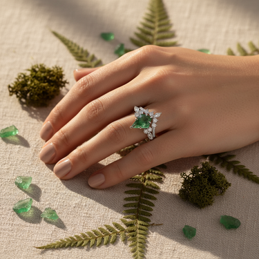 "Verdant Prism" – Kite Cut Moss Agate Engagement Ring Set in Sterling Silver with Diamond Accents | 1.65ct