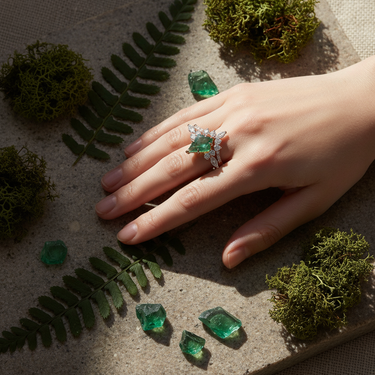 "Rosie Evergreen" –  Moss Agate Engagement Ring Set in Rose Gold Vermeil with Diamond Accents