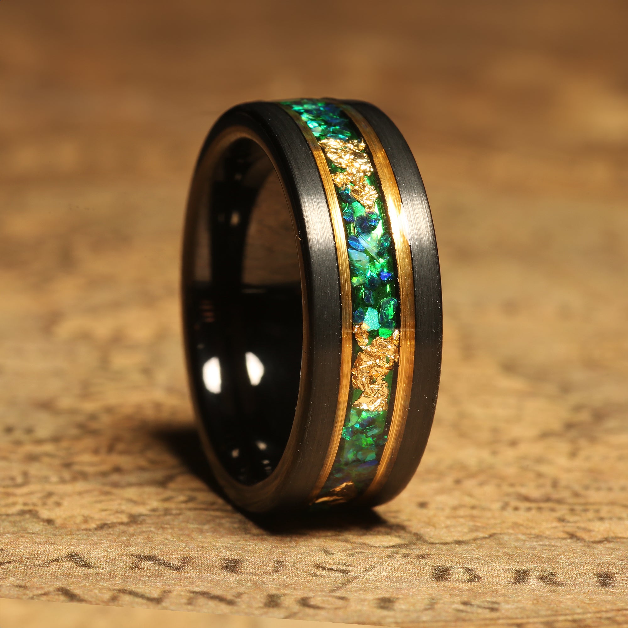 Green Fire Opal Gold Leaf Inlay Black Tungsten Ring Emerald