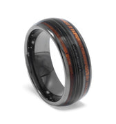 "Axeman" Guitar String Ring, Hawaiian Koa Wood and Guitar String Inlay, Tungsten Carbide, Gunmetal Dome Design, 8mm