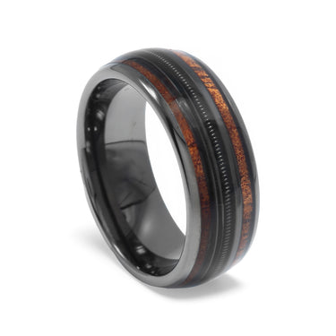 "Axeman" Guitar String Ring, Hawaiian Koa Wood and Guitar String Inlay, Tungsten Carbide, Gunmetal Dome Design, 8mm