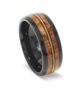 "Chester" Gold Guitar String Whiskey Barrel Dome Polished Black Tungsten Carbide Ring, 8mm