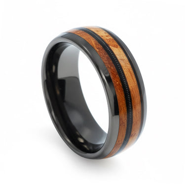"Musician" Guitar String, Whiskey Barrel Wood Inlay, Tungsten Carbide, Gunmetal, Dome Polished-8mm
