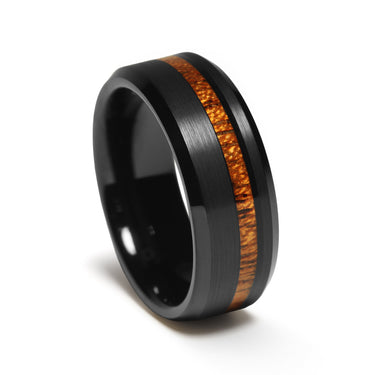 "Maui " Hawaiian Koa Wood,  Black Tungsten Carbide  Wedding Band, Beveled Black Men's Ring