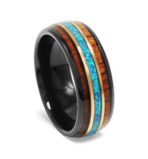 "Kauai" Hawaiian Koa wood Opal Rose Gold Strip Dome Polished Black Tungsten Carbide Ring, 8mm