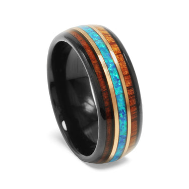 "Kauai" Hawaiian Koa wood Opal Rose Gold Strip Dome Polished Black Tungsten Carbide Ring, 8mm
