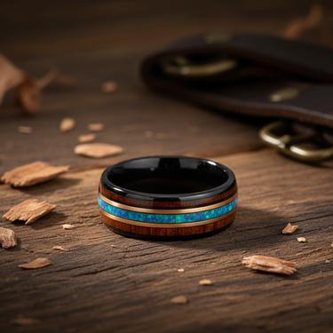 Kauai'' Koa Wood & Hawaiian Opal Black Tungsten Ring – napoleonbands Kauai'' Koa Wood & Hawaiian Opal Black Tungsten Ring – napoleonbands