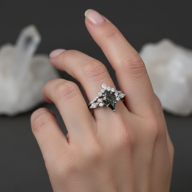 "Shard Eclipse" – Herkimer Diamond Engagement Ring Set in Sterling Silver with Rhodium Finish | Natural Quartz