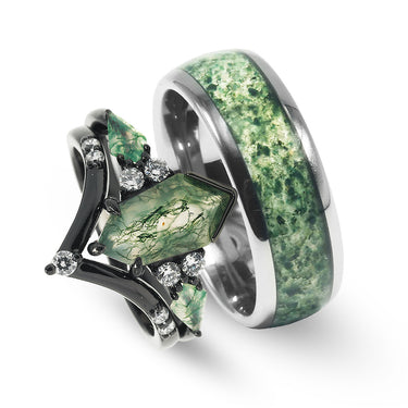 "Verdant Elysium" Moss Agate Ring Set – Black Tungsten & 925 Silver Matching Nature Couples Bands