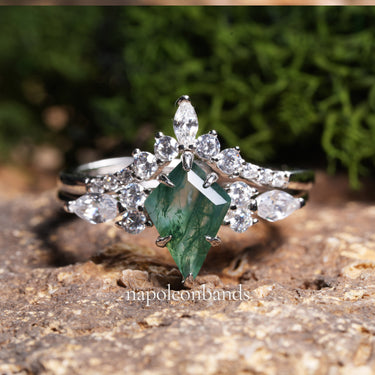 "Verdant Prism" – Kite Cut Moss Agate Engagement Ring Set in Sterling Silver with Diamond Accents | 1.65ct