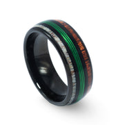 "Bass Pro" Koa Wood, Deer Antler, and Green Fishing Line Inlay, Black Tungsten Carbide, Men's Wedding Ring, Dome Design, 8mm