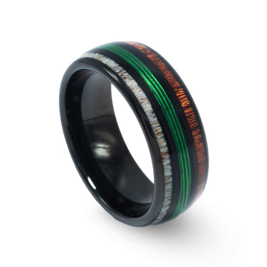 "Bass Pro" Koa Wood, Deer Antler, and Green Fishing Line Inlay, Black Tungsten Carbide, Men's Wedding Ring, Dome Design, 8mm