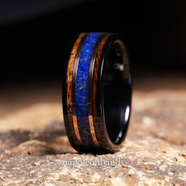 "Royal Haven" – 8mm Black Tungsten Wedding Band with Whiskey Barrel Wood, Rose Gold & Crushed Lapis Lazuli