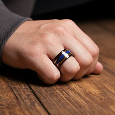 "Royal Haven" – 8mm Black Tungsten Wedding Band with Whiskey Barrel Wood, Rose Gold & Crushed Lapis Lazuli