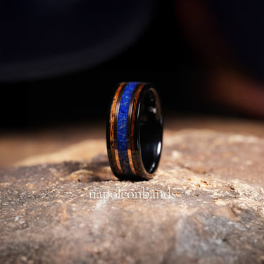 "Royal Haven" – 8mm Black Tungsten Wedding Band with Whiskey Barrel Wood, Rose Gold & Crushed Lapis Lazuli