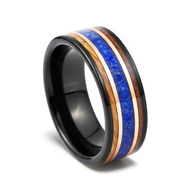 "Royal Haven" – 8mm Black Tungsten Wedding Band with Whiskey Barrel Wood, Rose Gold & Crushed Lapis Lazuli
