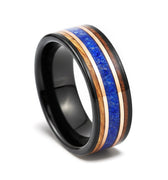 "Royal Haven" – 8mm Black Tungsten Wedding Band with Whiskey Barrel Wood, Rose Gold & Crushed Lapis Lazuli