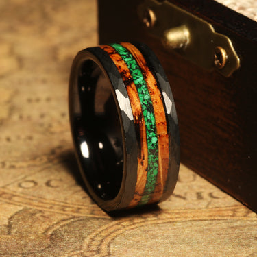 "Verdant Ember" Burnt Whiskey Barrel and Green Malachite Hammered Black Tungsten Carbide Wedding Band for Men